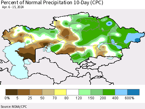 Kazakhstan Percent of Normal Precipitation 10-Day (CPC) Thematic Map For 4/6/2024 - 4/15/2024