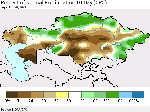 Kazakhstan Percent of Normal Precipitation 10-Day (CPC) Thematic Map For 4/11/2024 - 4/20/2024