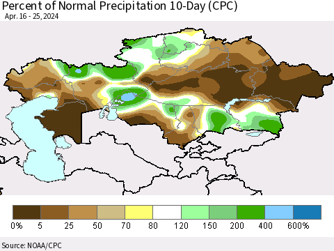 Kazakhstan Percent of Normal Precipitation 10-Day (CPC) Thematic Map For 4/16/2024 - 4/25/2024