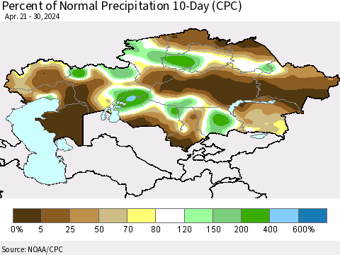 Kazakhstan Percent of Normal Precipitation 10-Day (CPC) Thematic Map For 4/21/2024 - 4/30/2024