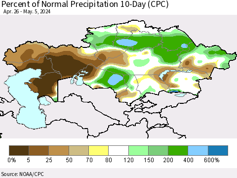 Kazakhstan Percent of Normal Precipitation 10-Day (CPC) Thematic Map For 4/26/2024 - 5/5/2024