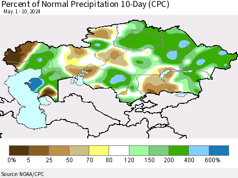 Kazakhstan Percent of Normal Precipitation 10-Day (CPC) Thematic Map For 5/1/2024 - 5/10/2024