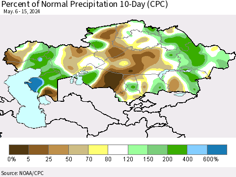 Kazakhstan Percent of Normal Precipitation 10-Day (CPC) Thematic Map For 5/6/2024 - 5/15/2024