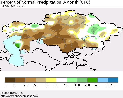 Kazakhstan Percent of Normal Precipitation 3-Month (CPC) Thematic Map For 6/6/2021 - 9/5/2021