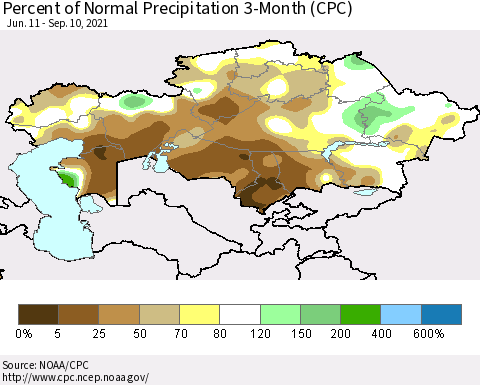 Kazakhstan Percent of Normal Precipitation 3-Month (CPC) Thematic Map For 6/11/2021 - 9/10/2021