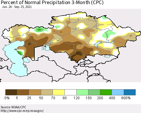 Kazakhstan Percent of Normal Precipitation 3-Month (CPC) Thematic Map For 6/26/2021 - 9/25/2021