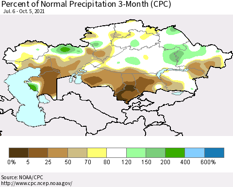 Kazakhstan Percent of Normal Precipitation 3-Month (CPC) Thematic Map For 7/6/2021 - 10/5/2021