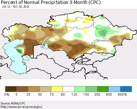 Kazakhstan Percent of Normal Precipitation 3-Month (CPC) Thematic Map For 7/11/2021 - 10/10/2021