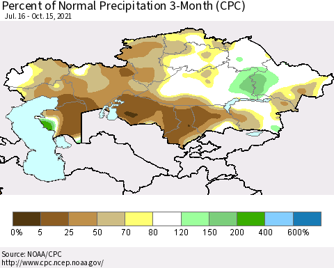 Kazakhstan Percent of Normal Precipitation 3-Month (CPC) Thematic Map For 7/16/2021 - 10/15/2021