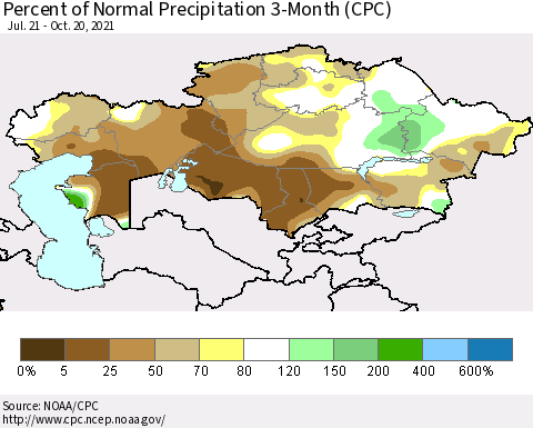 Kazakhstan Percent of Normal Precipitation 3-Month (CPC) Thematic Map For 7/21/2021 - 10/20/2021