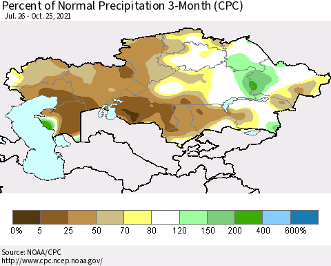 Kazakhstan Percent of Normal Precipitation 3-Month (CPC) Thematic Map For 7/26/2021 - 10/25/2021