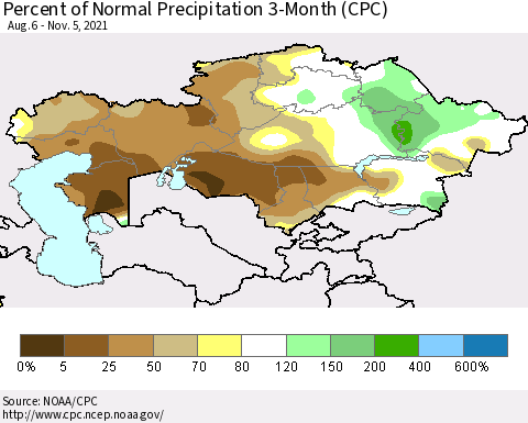 Kazakhstan Percent of Normal Precipitation 3-Month (CPC) Thematic Map For 8/6/2021 - 11/5/2021