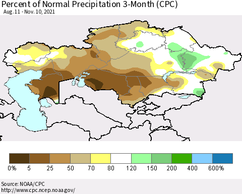 Kazakhstan Percent of Normal Precipitation 3-Month (CPC) Thematic Map For 8/11/2021 - 11/10/2021