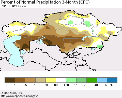 Kazakhstan Percent of Normal Precipitation 3-Month (CPC) Thematic Map For 8/16/2021 - 11/15/2021
