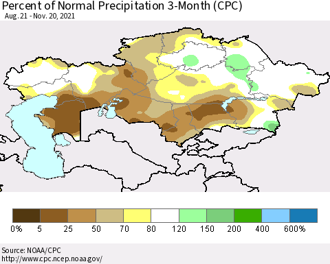 Kazakhstan Percent of Normal Precipitation 3-Month (CPC) Thematic Map For 8/21/2021 - 11/20/2021