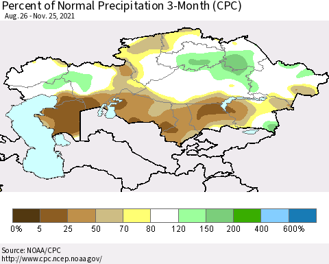 Kazakhstan Percent of Normal Precipitation 3-Month (CPC) Thematic Map For 8/26/2021 - 11/25/2021