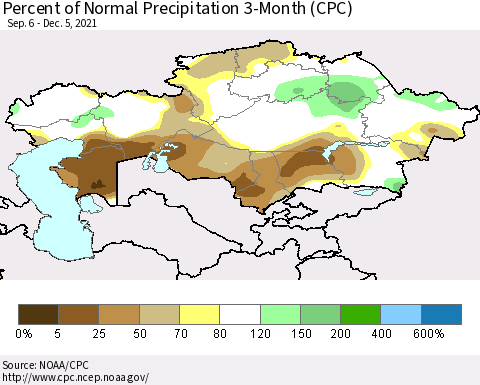 Kazakhstan Percent of Normal Precipitation 3-Month (CPC) Thematic Map For 9/6/2021 - 12/5/2021
