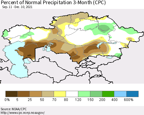 Kazakhstan Percent of Normal Precipitation 3-Month (CPC) Thematic Map For 9/11/2021 - 12/10/2021