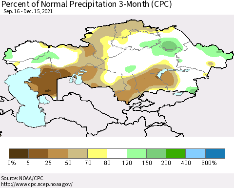 Kazakhstan Percent of Normal Precipitation 3-Month (CPC) Thematic Map For 9/16/2021 - 12/15/2021
