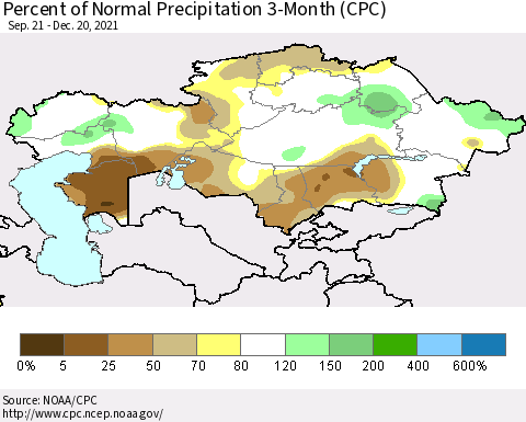 Kazakhstan Percent of Normal Precipitation 3-Month (CPC) Thematic Map For 9/21/2021 - 12/20/2021