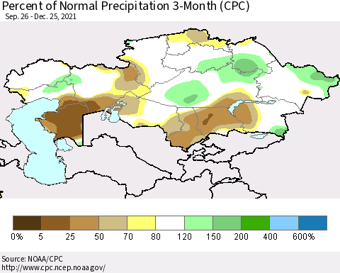 Kazakhstan Percent of Normal Precipitation 3-Month (CPC) Thematic Map For 9/26/2021 - 12/25/2021