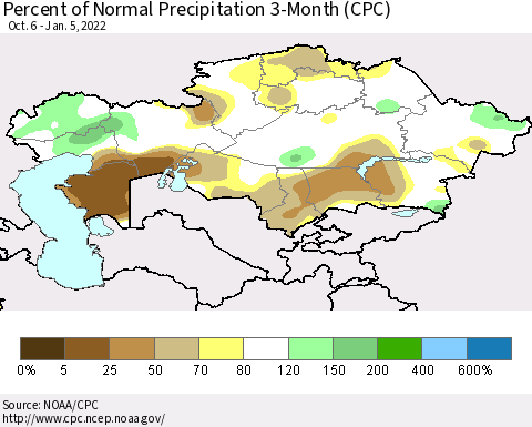 Kazakhstan Percent of Normal Precipitation 3-Month (CPC) Thematic Map For 10/6/2021 - 1/5/2022