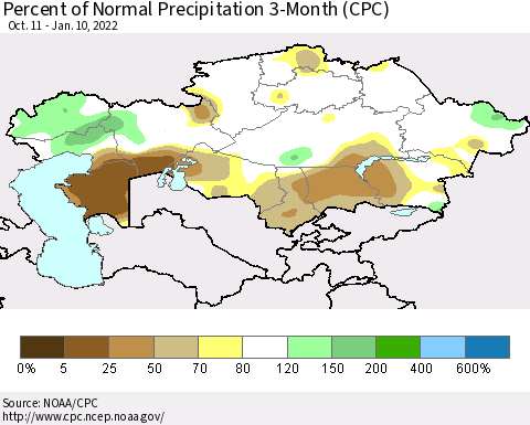 Kazakhstan Percent of Normal Precipitation 3-Month (CPC) Thematic Map For 10/11/2021 - 1/10/2022