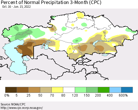 Kazakhstan Percent of Normal Precipitation 3-Month (CPC) Thematic Map For 10/16/2021 - 1/15/2022