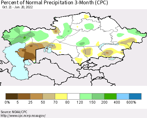 Kazakhstan Percent of Normal Precipitation 3-Month (CPC) Thematic Map For 10/21/2021 - 1/20/2022