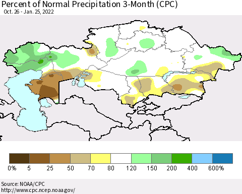 Kazakhstan Percent of Normal Precipitation 3-Month (CPC) Thematic Map For 10/26/2021 - 1/25/2022