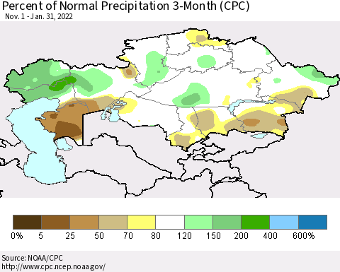 Kazakhstan Percent of Normal Precipitation 3-Month (CPC) Thematic Map For 11/1/2021 - 1/31/2022
