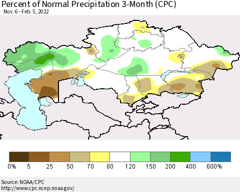 Kazakhstan Percent of Normal Precipitation 3-Month (CPC) Thematic Map For 11/6/2021 - 2/5/2022