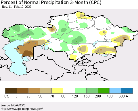 Kazakhstan Percent of Normal Precipitation 3-Month (CPC) Thematic Map For 11/11/2021 - 2/10/2022