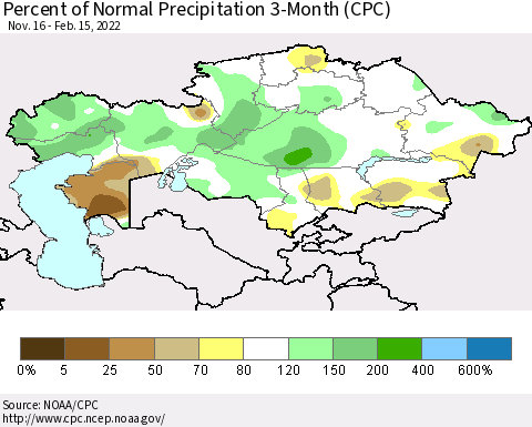 Kazakhstan Percent of Normal Precipitation 3-Month (CPC) Thematic Map For 11/16/2021 - 2/15/2022