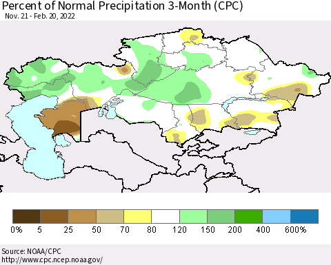 Kazakhstan Percent of Normal Precipitation 3-Month (CPC) Thematic Map For 11/21/2021 - 2/20/2022