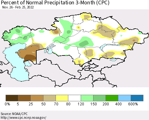 Kazakhstan Percent of Normal Precipitation 3-Month (CPC) Thematic Map For 11/26/2021 - 2/25/2022