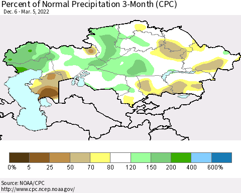 Kazakhstan Percent of Normal Precipitation 3-Month (CPC) Thematic Map For 12/6/2021 - 3/5/2022