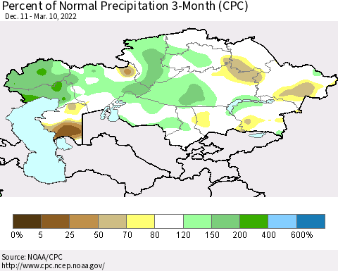 Kazakhstan Percent of Normal Precipitation 3-Month (CPC) Thematic Map For 12/11/2021 - 3/10/2022