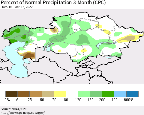 Kazakhstan Percent of Normal Precipitation 3-Month (CPC) Thematic Map For 12/16/2021 - 3/15/2022
