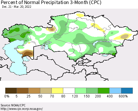 Kazakhstan Percent of Normal Precipitation 3-Month (CPC) Thematic Map For 12/21/2021 - 3/20/2022