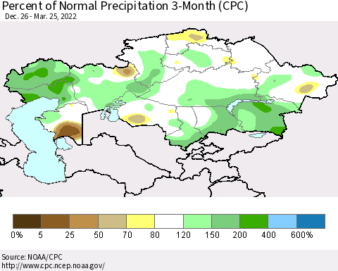 Kazakhstan Percent of Normal Precipitation 3-Month (CPC) Thematic Map For 12/26/2021 - 3/25/2022
