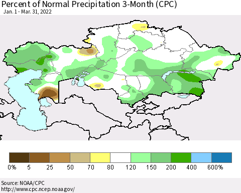 Kazakhstan Percent of Normal Precipitation 3-Month (CPC) Thematic Map For 1/1/2022 - 3/31/2022