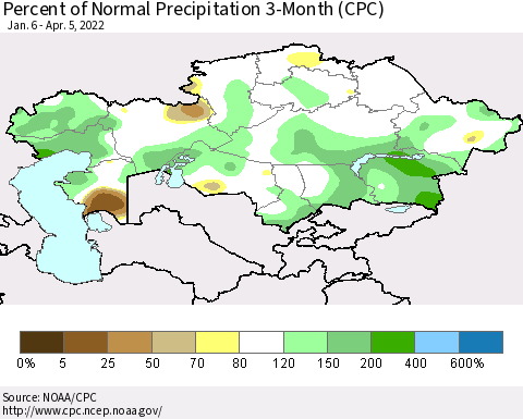 Kazakhstan Percent of Normal Precipitation 3-Month (CPC) Thematic Map For 1/6/2022 - 4/5/2022