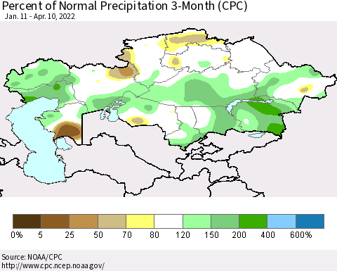 Kazakhstan Percent of Normal Precipitation 3-Month (CPC) Thematic Map For 1/11/2022 - 4/10/2022