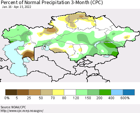 Kazakhstan Percent of Normal Precipitation 3-Month (CPC) Thematic Map For 1/16/2022 - 4/15/2022