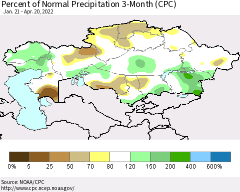 Kazakhstan Percent of Normal Precipitation 3-Month (CPC) Thematic Map For 1/21/2022 - 4/20/2022