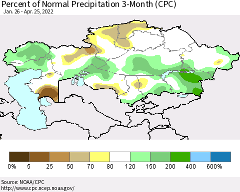 Kazakhstan Percent of Normal Precipitation 3-Month (CPC) Thematic Map For 1/26/2022 - 4/25/2022