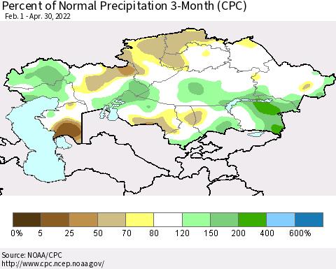 Kazakhstan Percent of Normal Precipitation 3-Month (CPC) Thematic Map For 2/1/2022 - 4/30/2022
