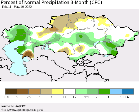 Kazakhstan Percent of Normal Precipitation 3-Month (CPC) Thematic Map For 2/11/2022 - 5/10/2022