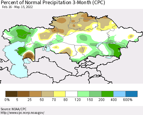 Kazakhstan Percent of Normal Precipitation 3-Month (CPC) Thematic Map For 2/16/2022 - 5/15/2022